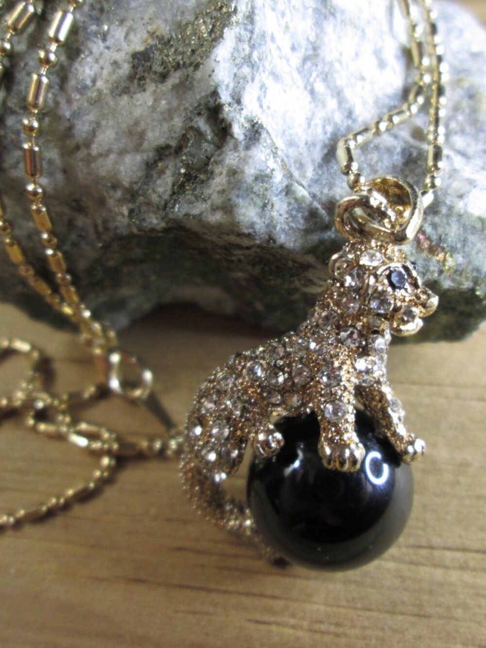 Crystal Spotted Leopard on Onyx Ball Pendant Necklace